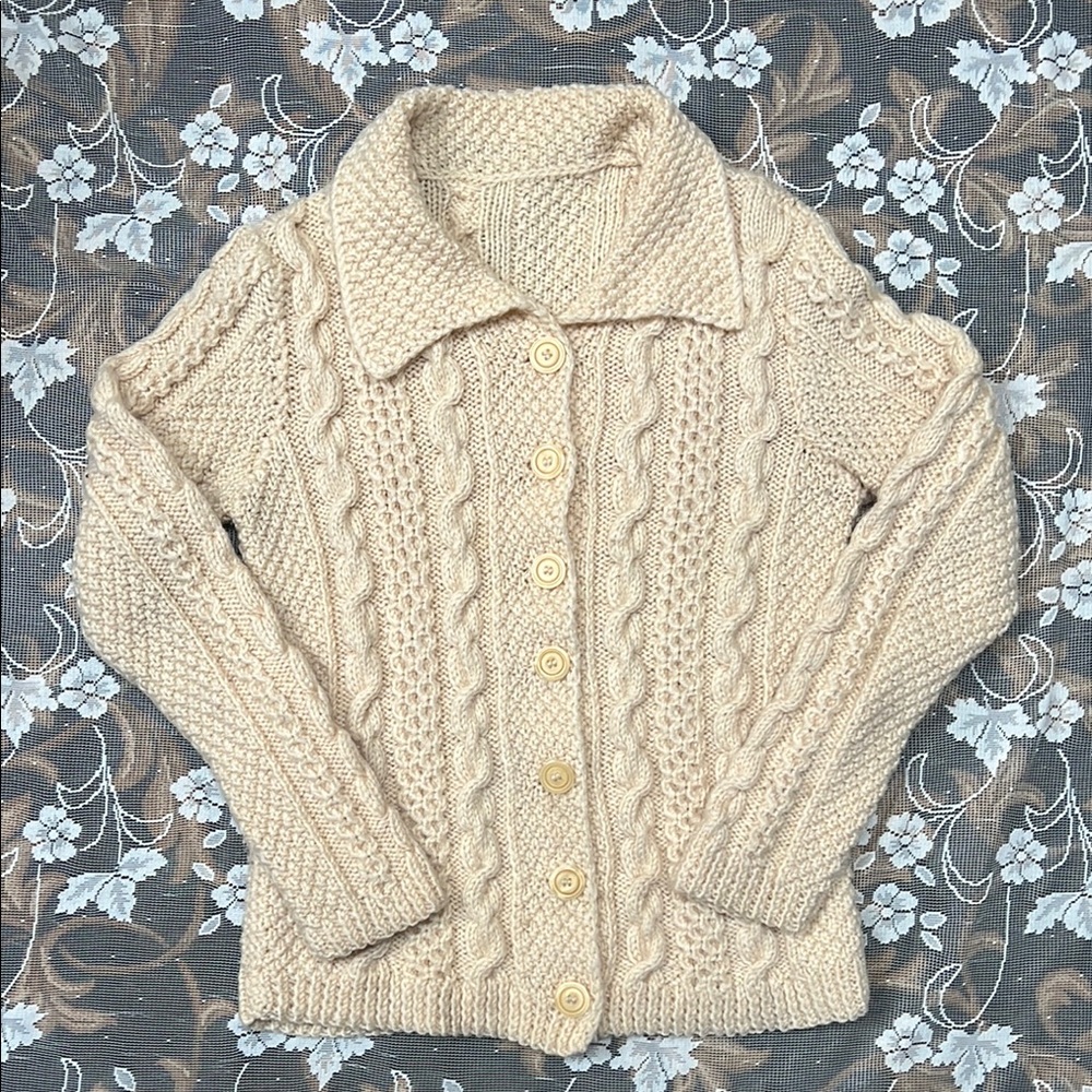 Women's Cream Cable Knit Sweater Handmade Button Up Cardigan